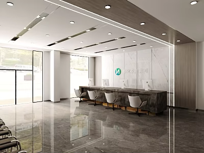 Modern Service Hall Interior With Reception Desk Chairs And Marble Decor 3d model