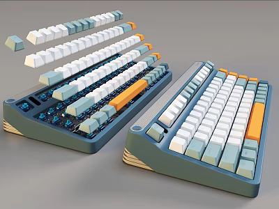 Colorful Mechanical Keyboards With Custom Keycaps Ergonomic Layout And Layered Base 3d model