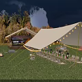 Outdoor Night Garden Landscape with Tents String Lights Dining Chairs Bonfire and Trees on Grass