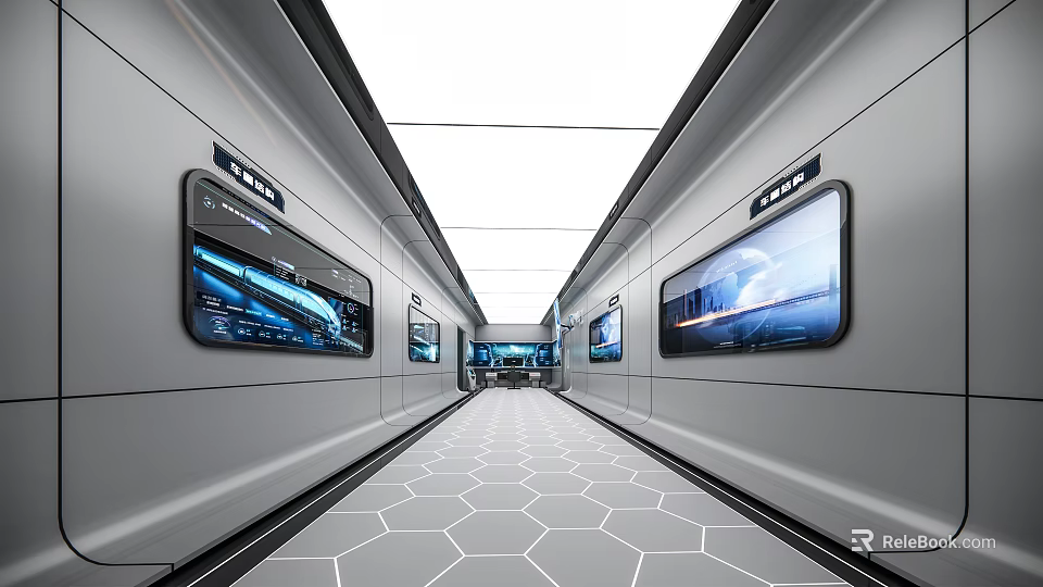 Modern Exhibition Hall Interior Design With Long Corridor Large Screens Hexagonal Floor And White Ceiling 3d model 