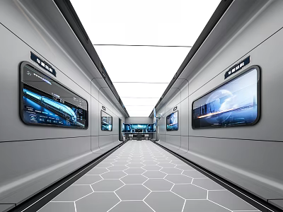 Modern Exhibition Hall Interior Design With Long Corridor Large Screens Hexagonal Floor And White Ceiling 3d model
