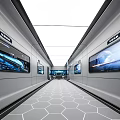 Modern Exhibition Hall Interior Design With Long Corridor Large Screens Hexagonal Floor And White Ceiling