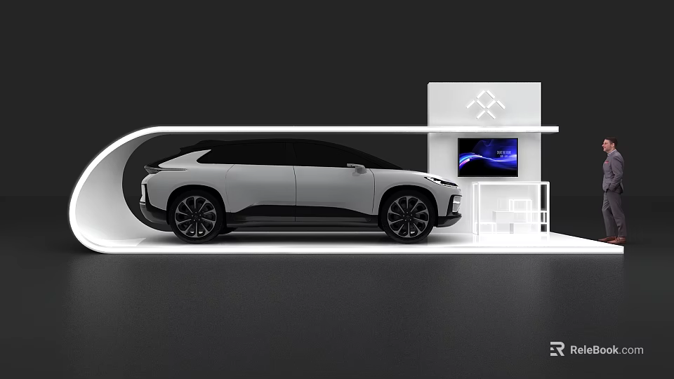 Modern Exhibition Island Display With White Car And Display Screen Design 3d model 