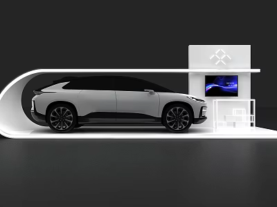 Modern Exhibition Island Display With White Car And Display Screen Design 3d model
