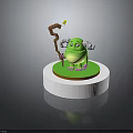 Green Creature Character With Big Eyes Holding Stick And Yellow Flower On White Base