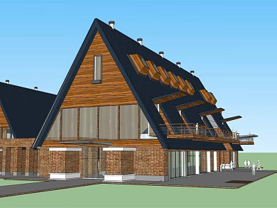 Modern House Exterior With Triangular Black Roof Wooden And Brick Walls Large Windows And Balcony 3d model