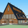 Modern House Exterior With Triangular Black Roof Wooden And Brick Walls Large Windows And Balcony