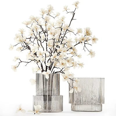 Elegant Silver Textured Vase With White Floral Branches For Modern Home Decor 3d model
