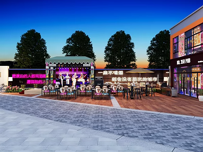 Elegant Modern Outdoor Restaurant With Stage Lights Tables Chairs And Trees 3d model