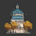 Cartoon Scene With Blue Roof Building Yellow Trees Street Lamps And Flying Birds