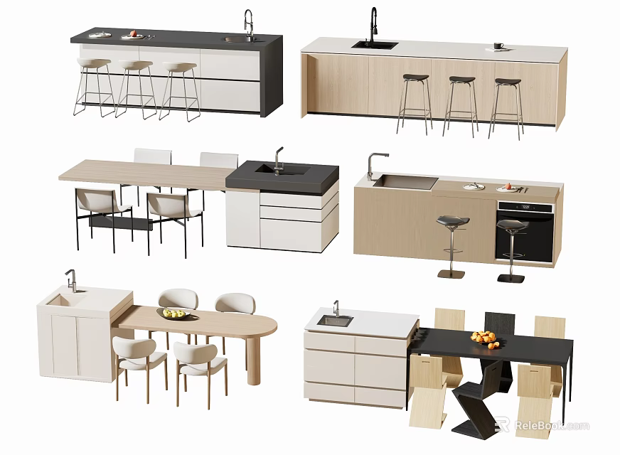 Modern Bar Counter Designs With Stools Sink And Wooden Cabinets 3d model