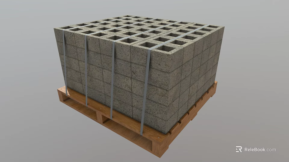 Gray Concrete Blocks Stacked On Wooden Pallet Bound With Metal Straps 3d model 