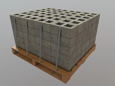 Gray Concrete Blocks Stacked On Wooden Pallet Bound With Metal Straps 3d model