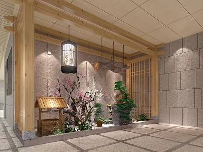 Traditional Shower Sauna Space With Wooden Structures Natural Plants And Stone Walls 3d model