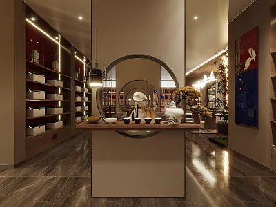 Elegant Boutique Interior With Wooden Shelves Round Mirror Display Counter And Warm Lighting 3d model