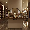 Elegant Boutique Interior With Wooden Shelves Round Mirror Display Counter And Warm Lighting