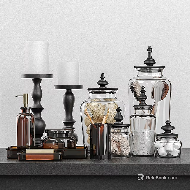 Essential Daily Bathroom Supplies With Glass Storage Jars Soap Dispenser And Candles 3d model 