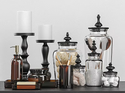 Essential Daily Bathroom Supplies With Glass Storage Jars Soap Dispenser And Candles 3d model