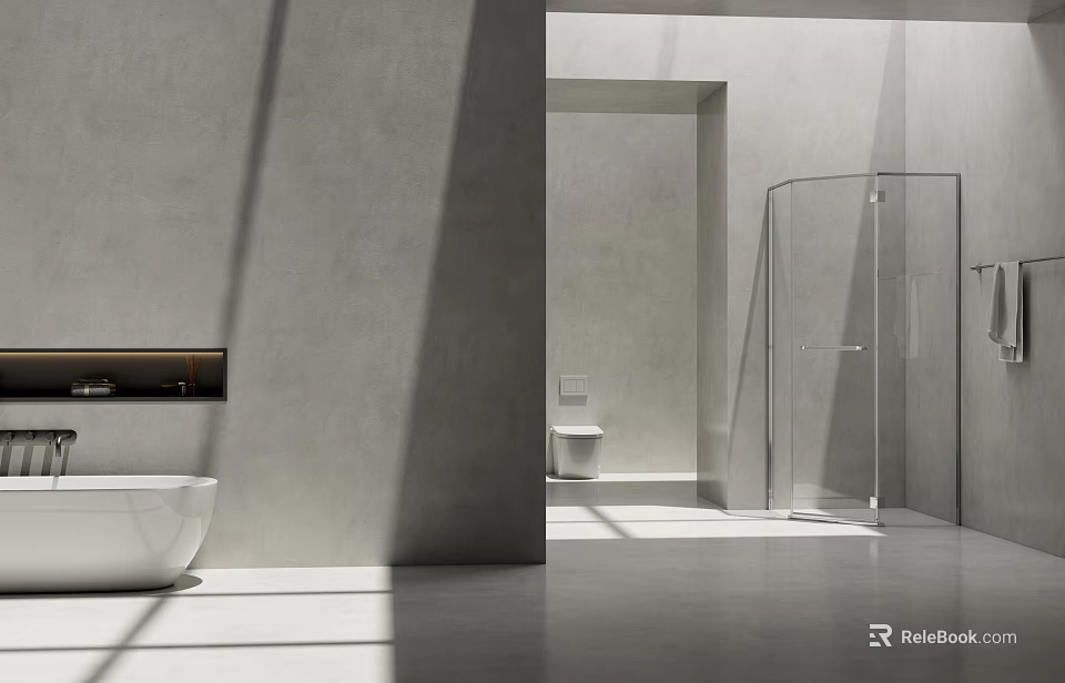 Modern Bathroom Interior Design With White Bathtub Glass Shower And Natural Light 3d model 