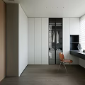 Modern Walk-in Closet with White Cabinetry Window Blinds Dressing Table and Wooden Flooring