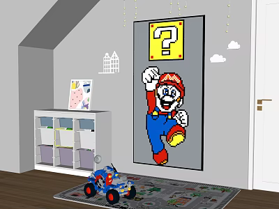 Kids Bedroom Accent Wall With Mario Art Fairy Lights Clouds 3d model