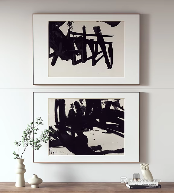 Black And White Abstract Paintings Hung On White Wall With Green Plant 3d model 