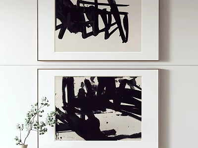 Black And White Abstract Paintings Hung On White Wall With Green Plant 3d model