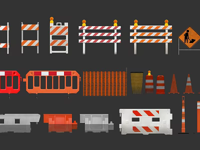 Modern barricades, barricades, warning signs, traffic cones, road cones 3d model