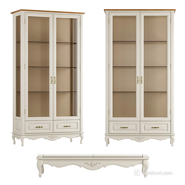 White Wardrobe With Glass Doors Gold Hardware Bottom Drawers And Carved Legs Design 3d model 