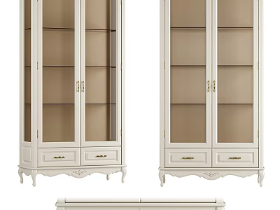White Wardrobe With Glass Doors Gold Hardware Bottom Drawers And Carved Legs Design 3d model