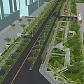 Urban Park Landscape With Tree Lined Walkways And Curved Green Spaces In City Setting