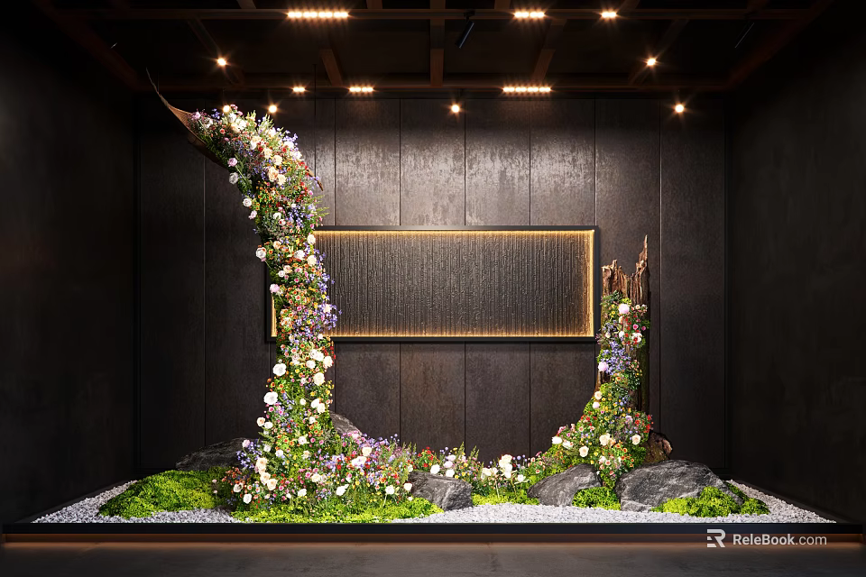 Floral Adorned Curved Garden Art Installation With Greenery Stones And Dark Wall Background 3d model 