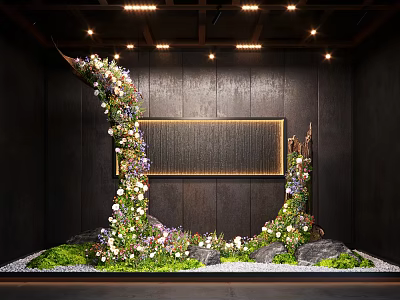 Floral Adorned Curved Garden Art Installation With Greenery Stones And Dark Wall Background 3d model