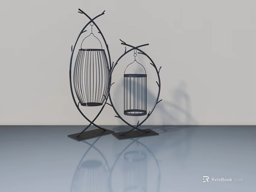 Black Metal Birdcages With Branch Shaped Stands On Smooth Reflective Surface 3d model 