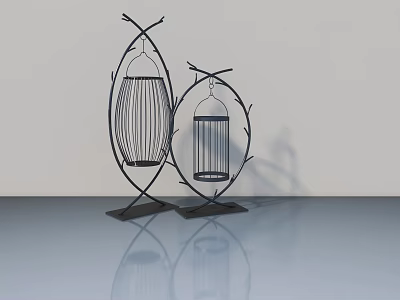 Black Metal Birdcages With Branch Shaped Stands On Smooth Reflective Surface 3d model