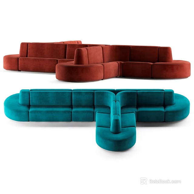 Modern Modular Sofa Set Featuring Red and Teal Curved Seating Sections 3d model