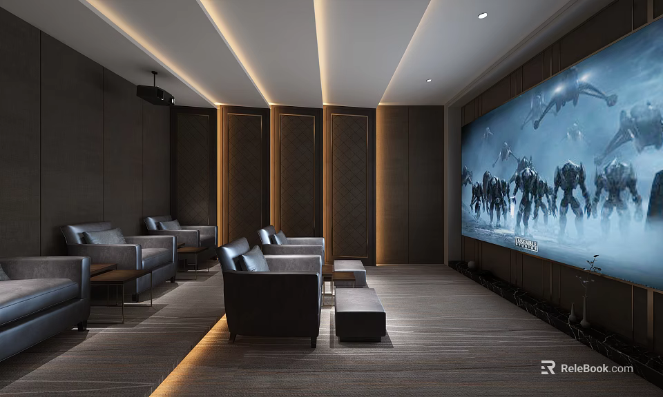 Modern Home Theater With Large Screen Comfortable Sofas And Ambient Lighting 3d model