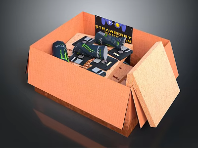 Open Orange Snack Box With Monster Energy Drinks Snacks And Strangeways Card 3d model