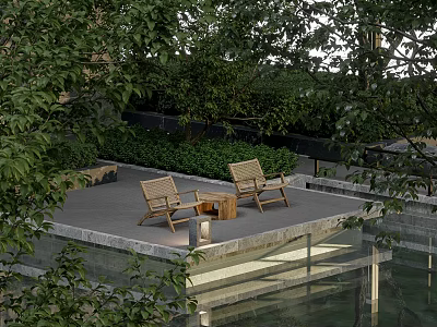 Outdoor Landscape Seats With Wooden Design In Courtyard Surrounded By Green Plants 3d model