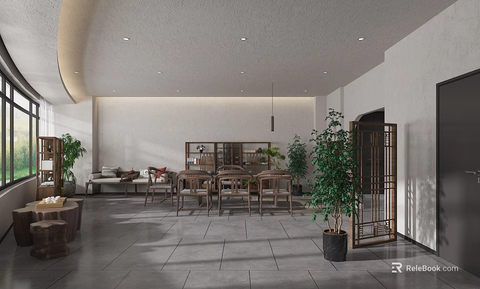 Modern Tea House Interior With Open Space Wooden Furniture Green Plants Screen And White Walls 3d model 