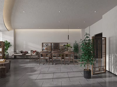 Modern Tea House Interior With Open Space Wooden Furniture Green Plants Screen And White Walls 3d model