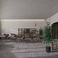 Modern Tea House Interior With Open Space Wooden Furniture Green Plants Screen And White Walls