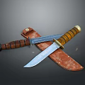 Tactical Weapon Knives Crossed On Leather Sheath With Sharp Blades And Wooden Grips