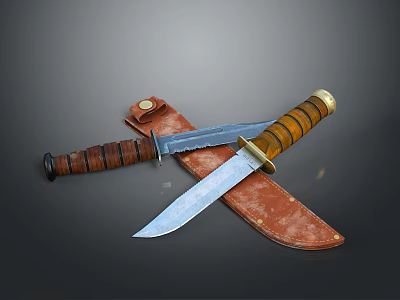 Tactical Weapon Knives Crossed On Leather Sheath With Sharp Blades And Wooden Grips 3d model