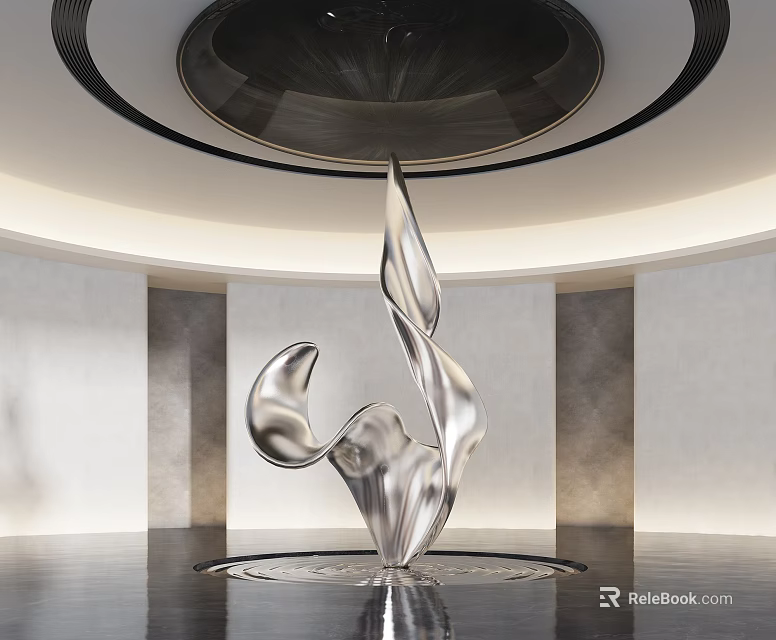 Silver Metallic Abstract Sculpture With Flowing Form In Indoor Space And Circular Ceiling 3d model 