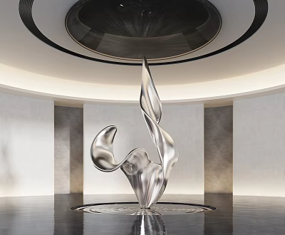 Silver Metallic Abstract Sculpture With Flowing Form In Indoor Space And Circular Ceiling 3d model