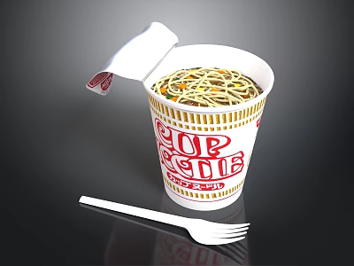Cup Noodles With Open Lid Showing Noodles Inside And White Fork Beside 3d model