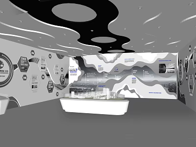 Modern Exhibition Hall Interior With Display Counter Wall Charts And Timeline 3d model