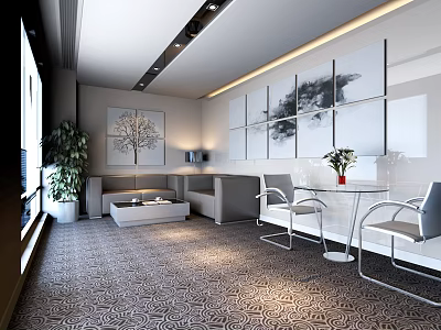 Modern Lounge Area With Sofa Coffee Table Chairs Plants And Decorative Paintings 3d model