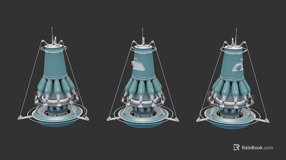 Three Blue Rocket Engine Models With Multiple Nozzles Brackets And Circular Base 3d model 